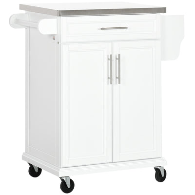 HOMCOM Wooden Kitchen Island on Wheels, Serving Cart Storage Trolley with Stainless Steel Top, Drawer, Side Handle and Rack, White 