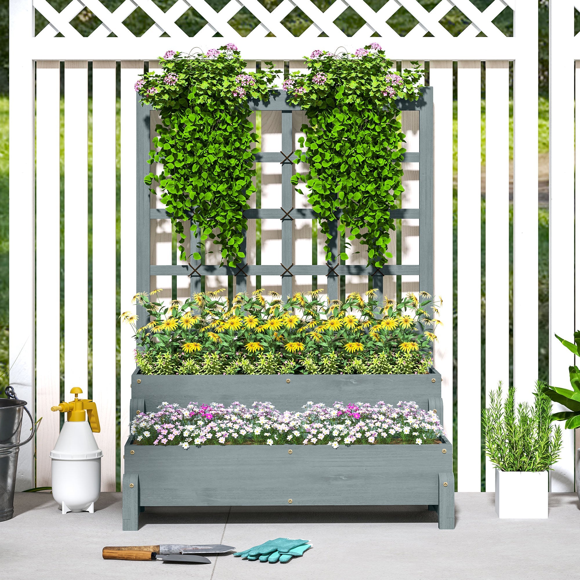 Outsunny 2-Tier Raised Garden Bed with Trellis, Wooden Elevated Planter Box with Drainage Holes, Outdoor Raised Planter for Climbing Plants, Fruits, Vegetables, Flowers, Grey 