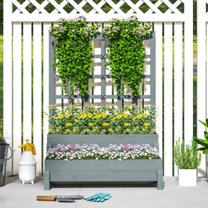 Outsunny 2-Tier Raised Garden Bed with Trellis, Wooden Elevated Planter Box with Drainage Holes, Outdoor Raised Planter for Climbing Plants, Fruits, Vegetables, Flowers, Grey 