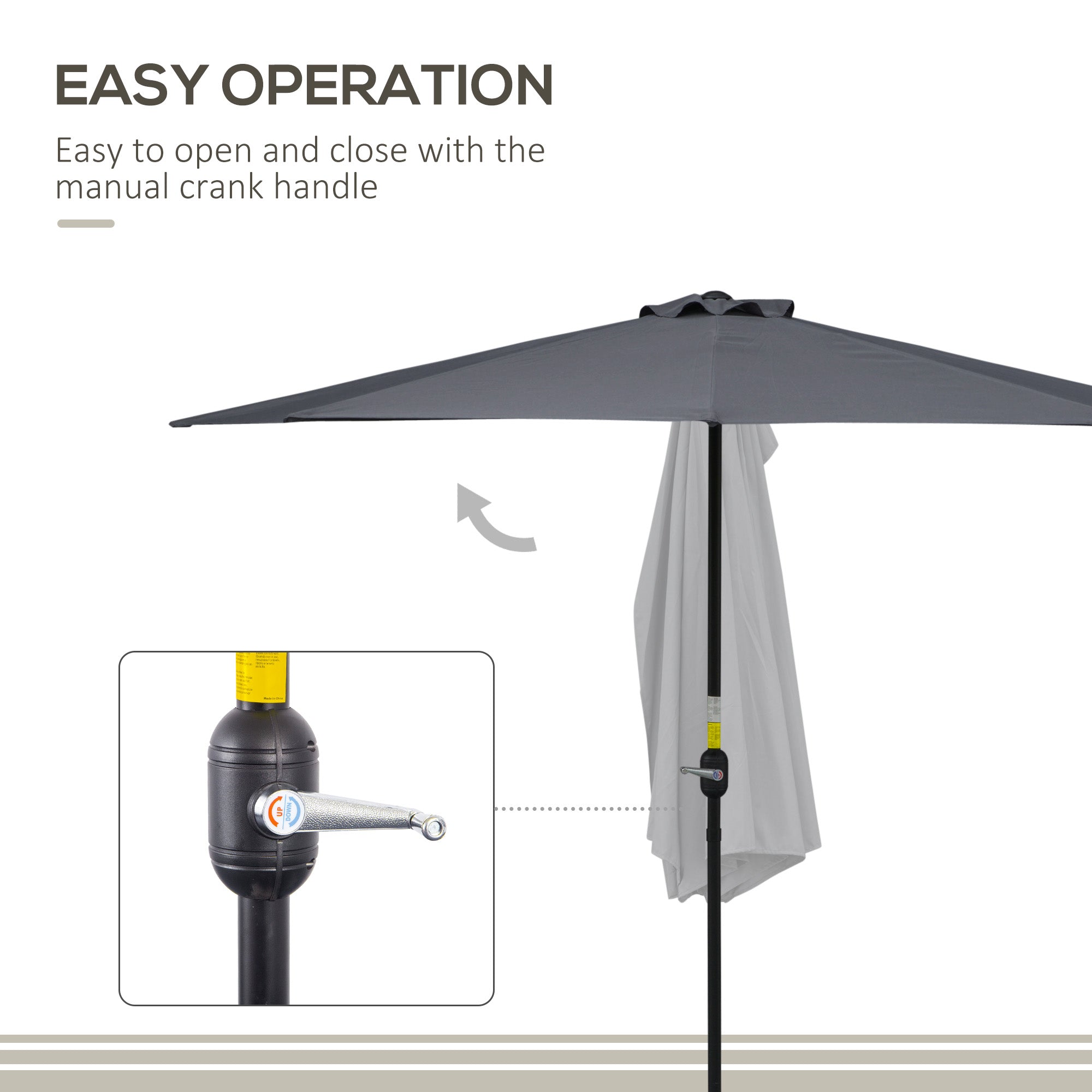 Outsunny 3(m) Half Parasol Semi Round Umbrella Patio Metal Frame Crank Handle for Balcony-- NO BASE INCLUDED, Grey 