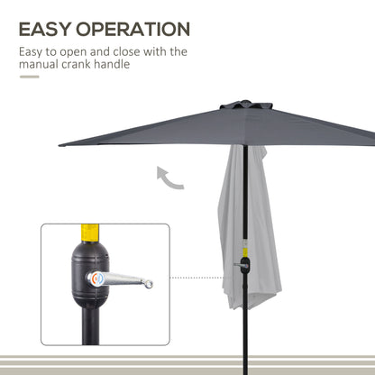 Outsunny 3(m) Half Parasol Semi Round Umbrella Patio Metal Frame Crank Handle for Balcony-- NO BASE INCLUDED, Grey 