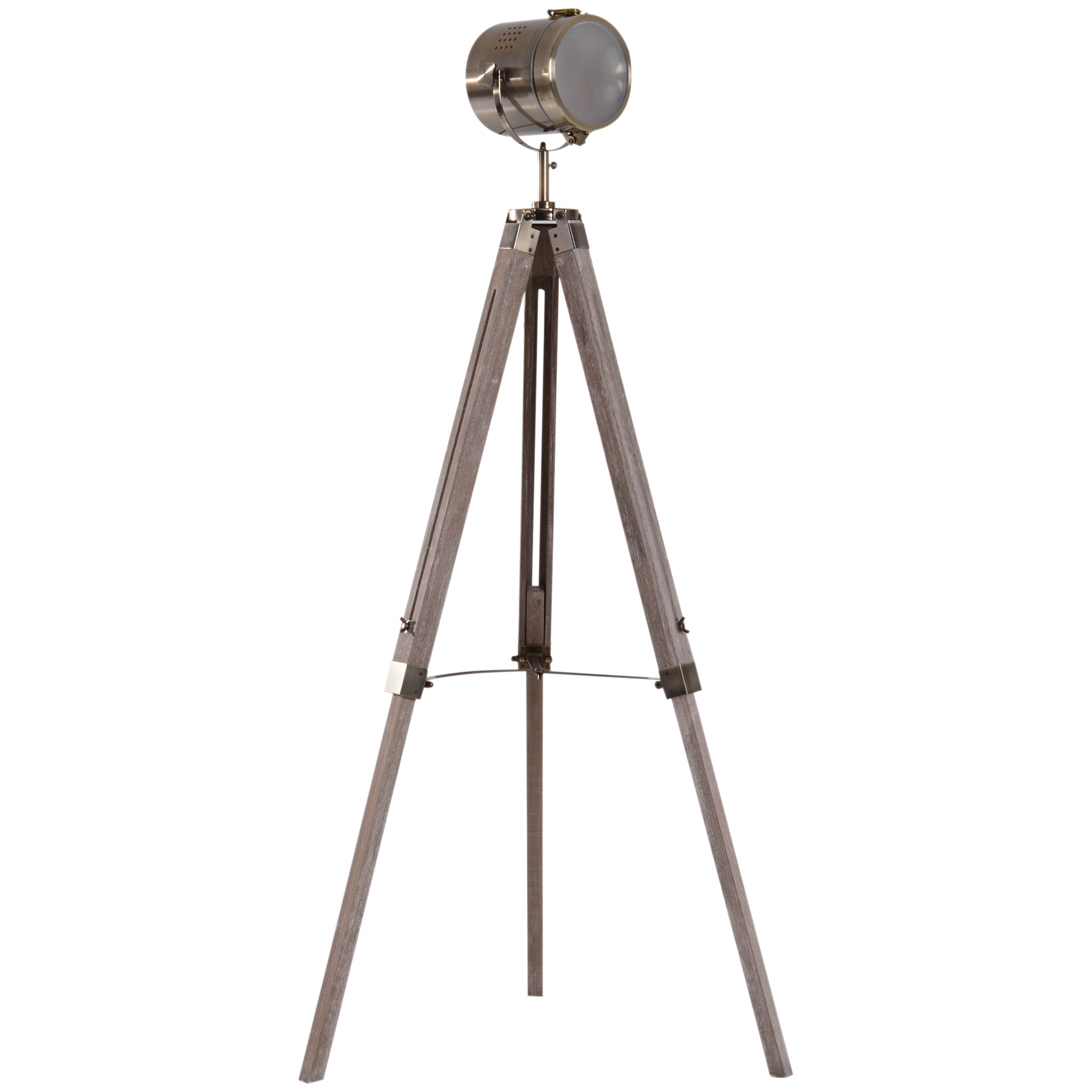 HOMCOM Industrial Tripod Floor Lamp, Nautical Searchlight with Adjustable Height, Wood Legs, E14 Lamp Base for Living Room, Bedroom, Grey and Bronze 