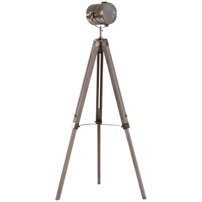 HOMCOM Industrial Tripod Floor Lamp, Nautical Searchlight with Adjustable Height, Wood Legs, E14 Lamp Base for Living Room, Bedroom, Grey and Bronze 