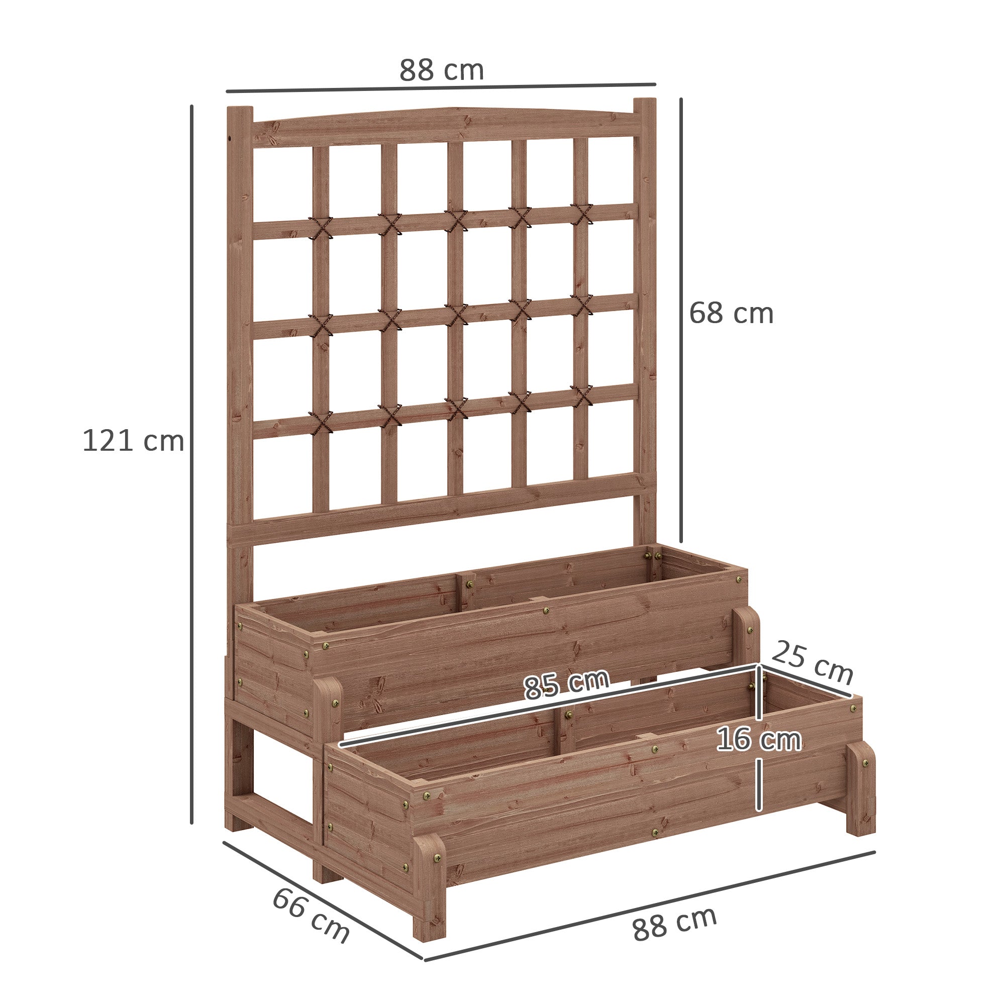 Outsunny 2-Tier Raised Garden Bed with Trellis, Wooden Elevated Planter Box with Drainage Holes, Outdoor Raised Planter for Climbing Plants, Fruits, Vegetables, Flowers, Brown 
