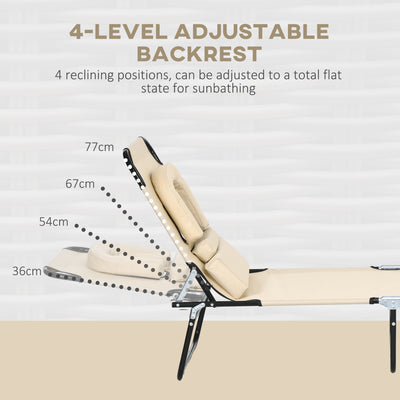 Outsunny Outdoor Foldable Sun Lounger Set of 2, 4 Level Adjustable Backrest Reclining Sun Lounger Chair with Pillow and Reading Hole, Sand 