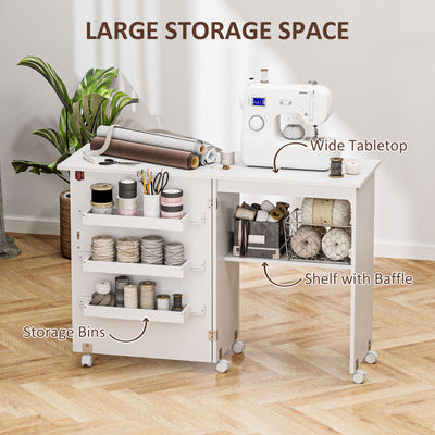 HOMCOM Folding Sewing Table, Drop Leaf Craft Table with Storage Bins, Open Shelf and Wheels, Rolling Sewing Machine Cabinet Computer Desk for Small Space, White 