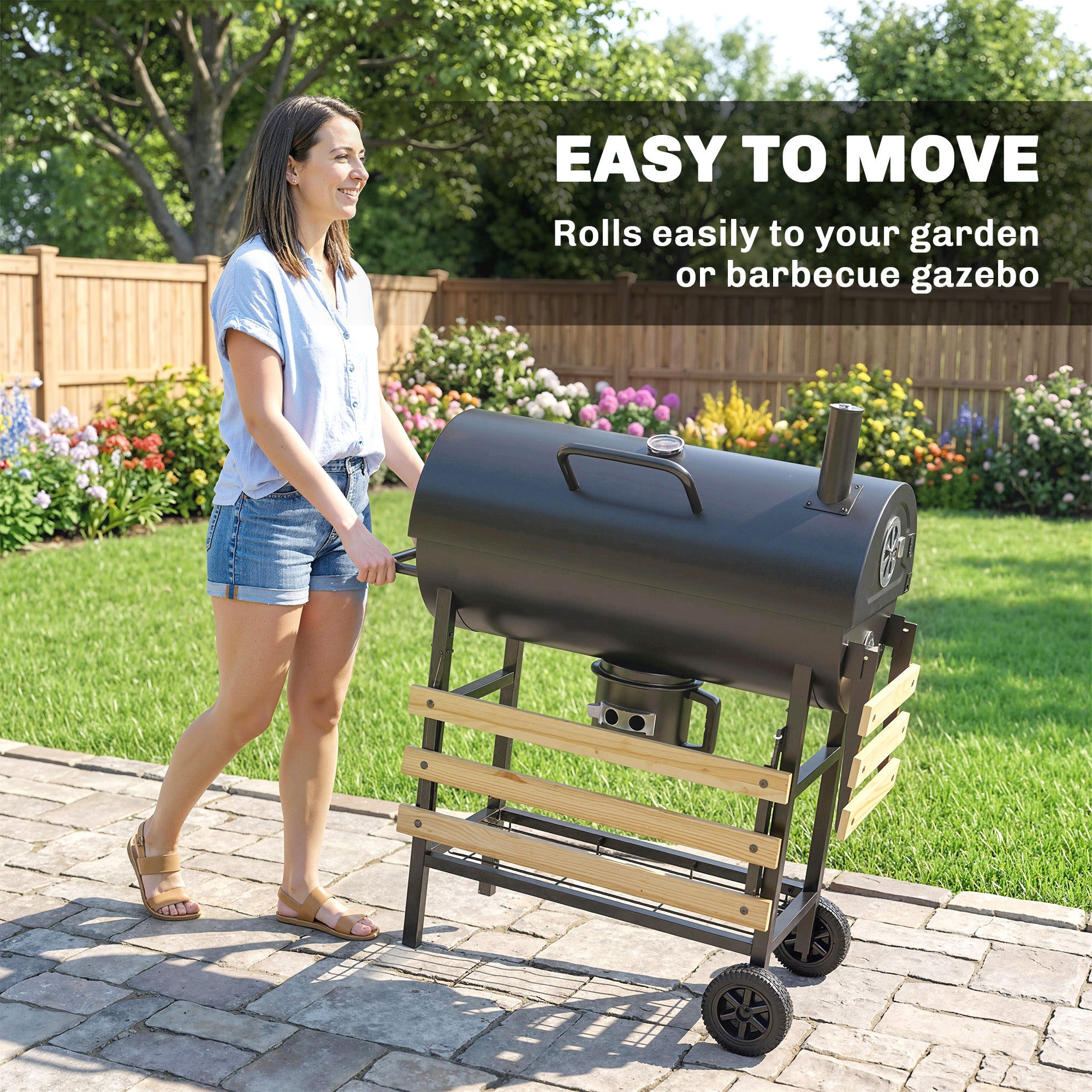 Outsunny Charcoal Grill, Barrel BBQ Smoker with Warming Rack, Charcoal BBQ Grill with Foldable Shelves, Natural Wood and Black 