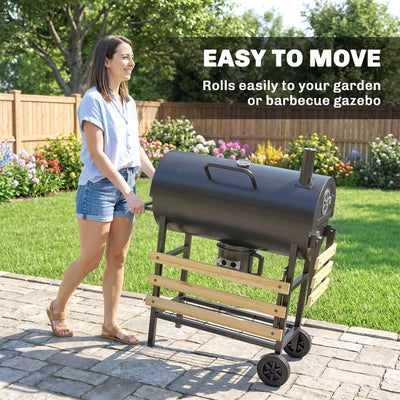 Outsunny Charcoal Grill, Barrel BBQ Smoker with Warming Rack, Charcoal BBQ Grill with Foldable Shelves, Natural Wood and Black 