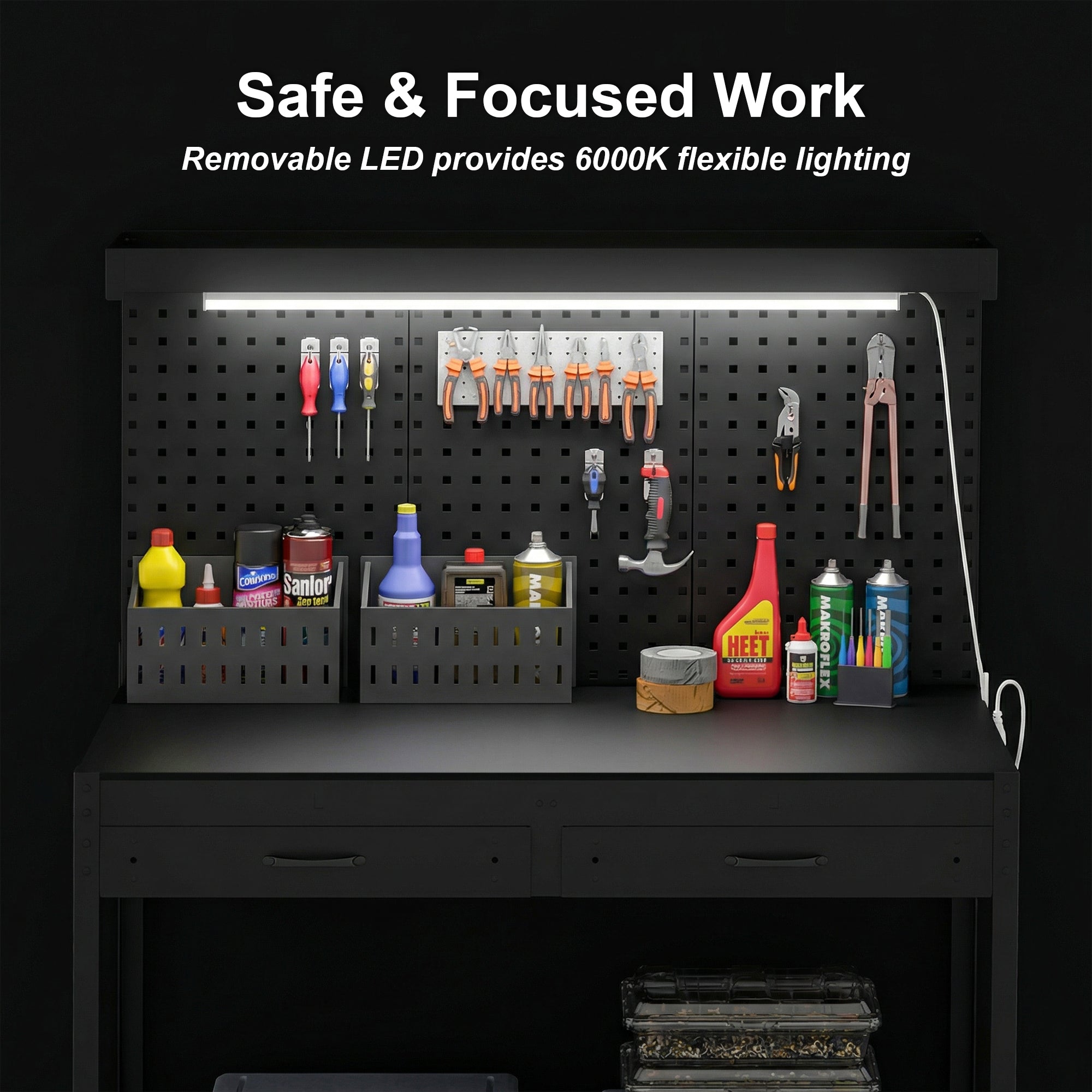 HOMCOM 110 cm Workbench with Pegboard, Heavy Duty Work Table with Power Strip and LED Light, Black 