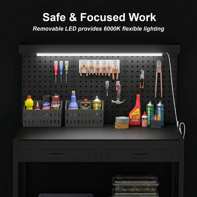 HOMCOM 110 cm Workbench with Pegboard, Heavy Duty Work Table with Power Strip and LED Light, Black 