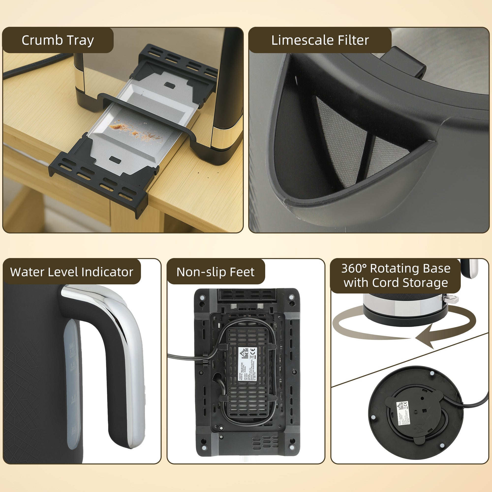 HOMCOM Sleek Textured Kettle and Toaster Set - Black 