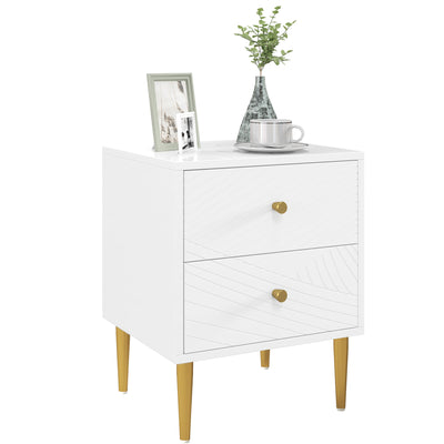 HOMCOM Elegant Two-Drawer Bedside Table - White/Gold-Tone 
