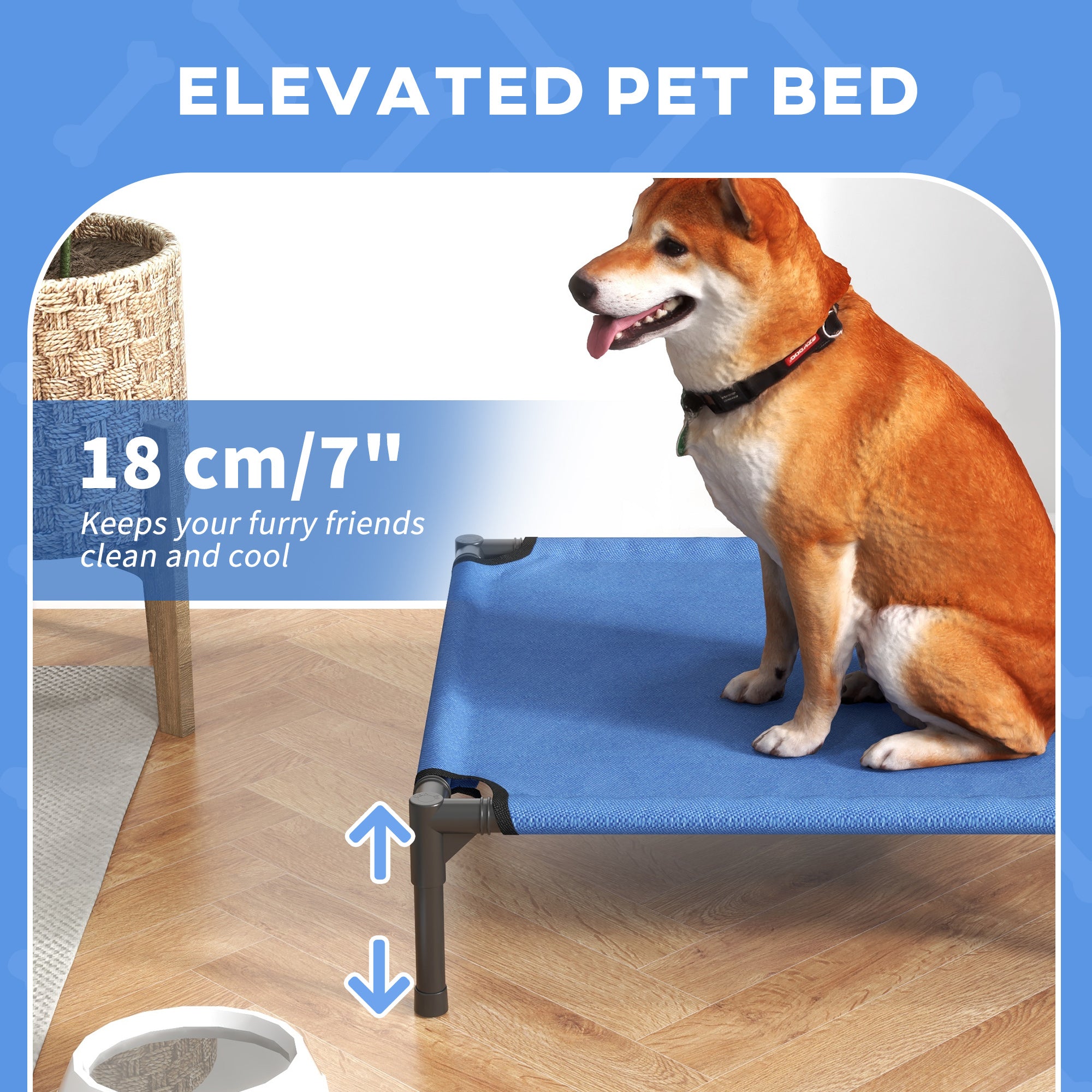 PawHut Raised Dog Bed Cat Elevated Lifted Portable Camping w/ Metal Frame Blue (Medium) 