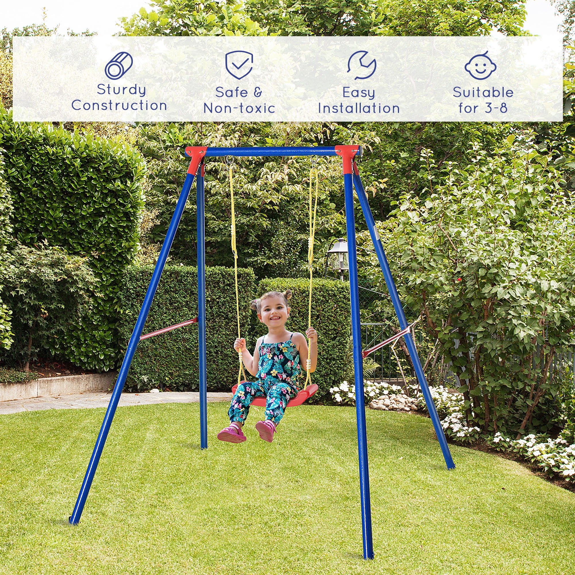 Outsunny Kids Swing Set Toddler Swing Adjustable Rope Heavy Duty A-Frame Stand Outdoor Playset for 3-8 Years Old Blue 