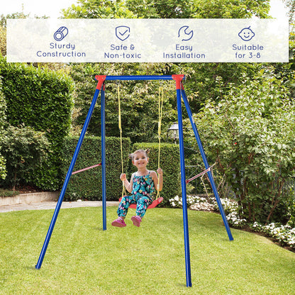 Outsunny Kids Swing Set Toddler Swing Adjustable Rope Heavy Duty A-Frame Stand Outdoor Playset for 3-8 Years Old Blue 