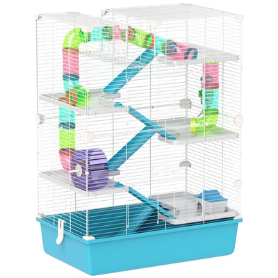 PawHut 6 Tier Hamster Cage, Small Animal Cage with Tubes, Exercise Wheel, Ramps, Hut, Food Dish, Water Bottle, Light Blue 