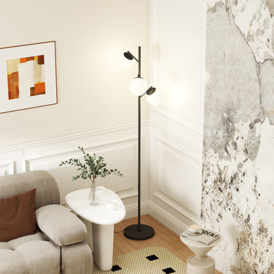 HOMCOM 3-Light Tree Floor Lamps for Living Room, Modern Standing Lamp for Bedroom with Globe Lampshade, Steel Base, Bulb not Included, Black 
