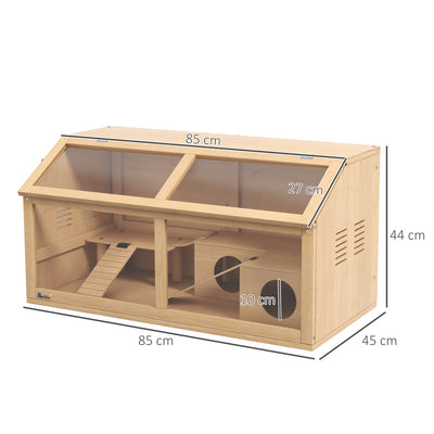 PawHut Hamster Cage, Wooden Small Animal Cage for Gerbils, Mice w/ Suspension Bridge, Openable Top, Hut, 85 x 45 x 44cm Nature 
