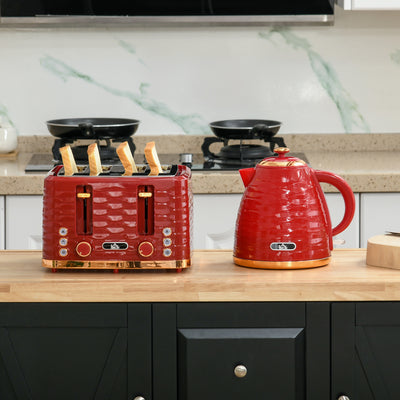 HOMCOM 3000W 1.7L Rapid Boil Kettle & 4 Slice Toaster, Kettle and Toaster Set with 7 Browning Controls and Crumb Tray, Red 