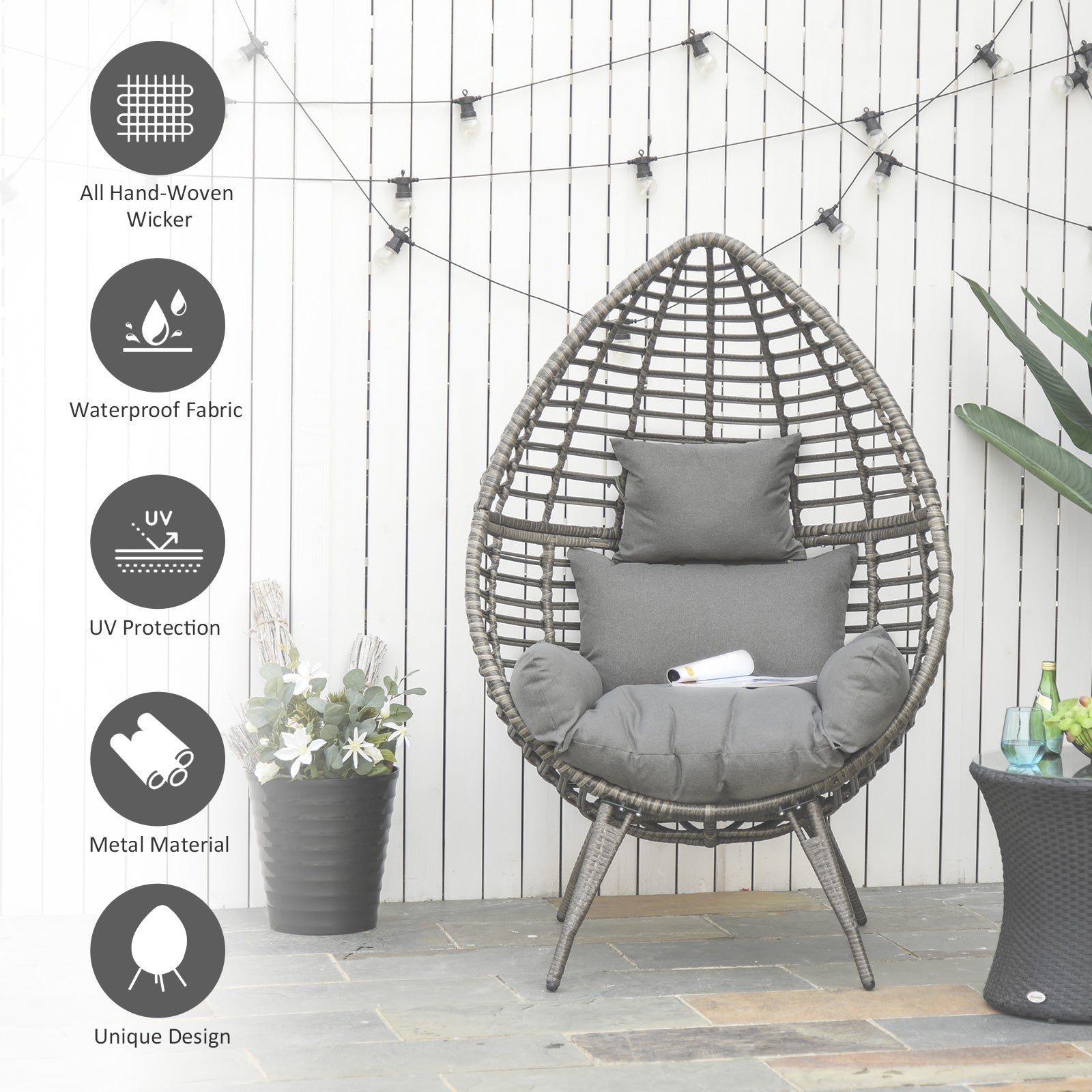 Outsunny Teardop PE Wicker Rattan Chair w/ Thick Cushions 4 Legs Outdoor Seat Egg Garden 