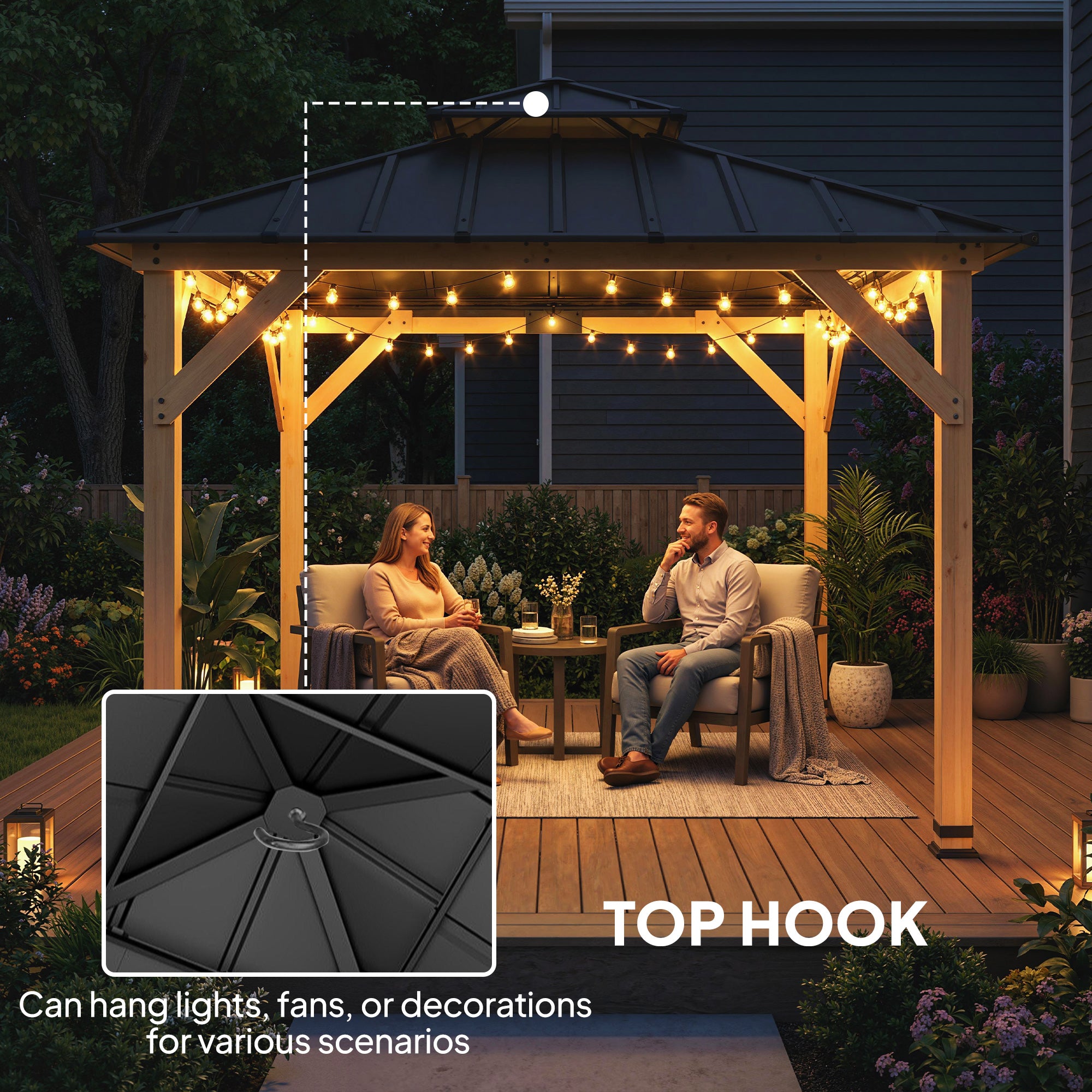 Outsunny 3 x 3 m Outdoor Hardtop Gazebo Canopy with 2-Tier Steel Roof, Wood Garden Gazebo with Curtains, Grey 