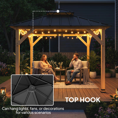 Outsunny 3 x 3 m Outdoor Hardtop Gazebo Canopy with 2-Tier Steel Roof, Wood Garden Gazebo with Curtains, Grey 