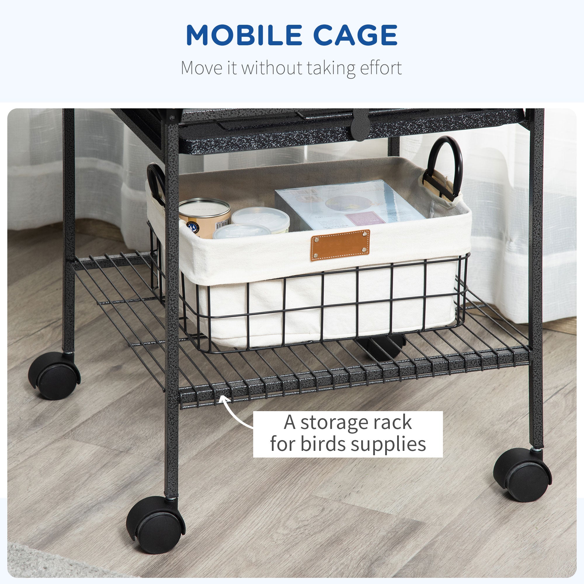 PawHut 156cm Bird Cage,Large Parrot Cage with Open Play Top, Perch, Seed Guard, Wheels, Storage Shelf, Dark Grey 
