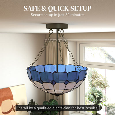 HOMCOM Tiffany Style Ceiling Light, Vintage Chandelier with 3 E27 Sockets, Semi Flush Mount for Living Room, Bulbs Not Included 
