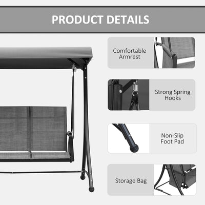 Outsunny 3 Person Outdoor Patio Porch Swing Chair with High Back Design, Side Pouches and Adjustable Canopy, Charcoal Grey 