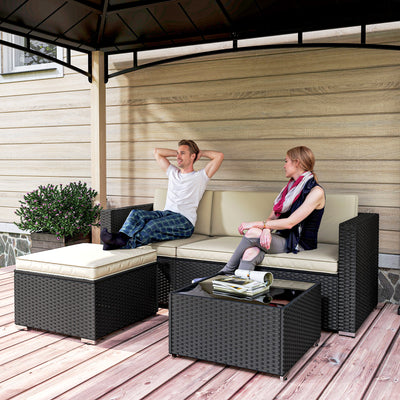 Outsunny 3 Pieces Garden Furniture Set w/ Cushions, PE Rattan Wicker Conversation Corner Sofa Set 