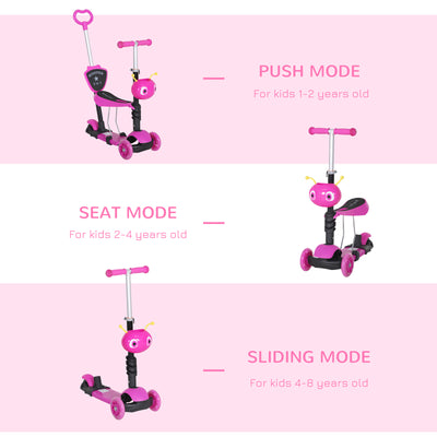 HOMCOM 5 in1 Kids  Scooter 3 Wheel Toddler scooter Kick Scooter with Adjustable Handlebar, Removable Seat & Back Rest for 18 Month+, Pink 