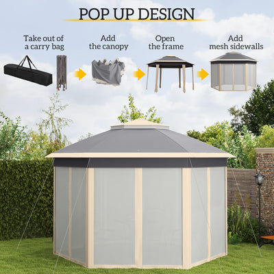 Outsunny Hexagon Pop Up Gazebo Outdoor Patio Gazebo Double Roof Instant Shelter with Netting, 3 x 4m, Khaki 
