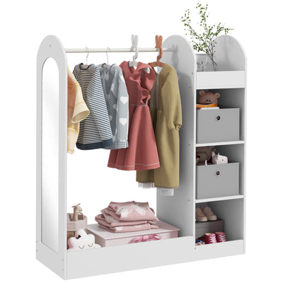 AIYAPLAY Kids Clothes Rail with Storage Shelf, Boxes, Mirror for Bedroom, Nursery, White 