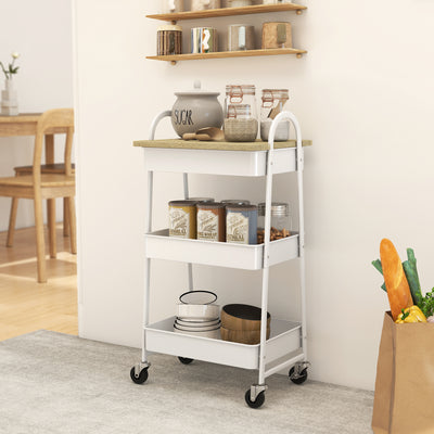 HOMCOM 3-Tier Kitchen Storage Trolley with on Wheels Cover Top Board - White and Oak 