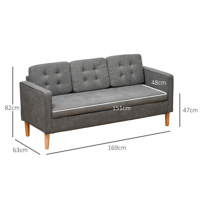 HOMCOM Modern 3 Seater Sofa with Hidden Storage, 169cm Tufted Cotton Couch with Wood Legs, Compact Sofa for Living Room, Grey 