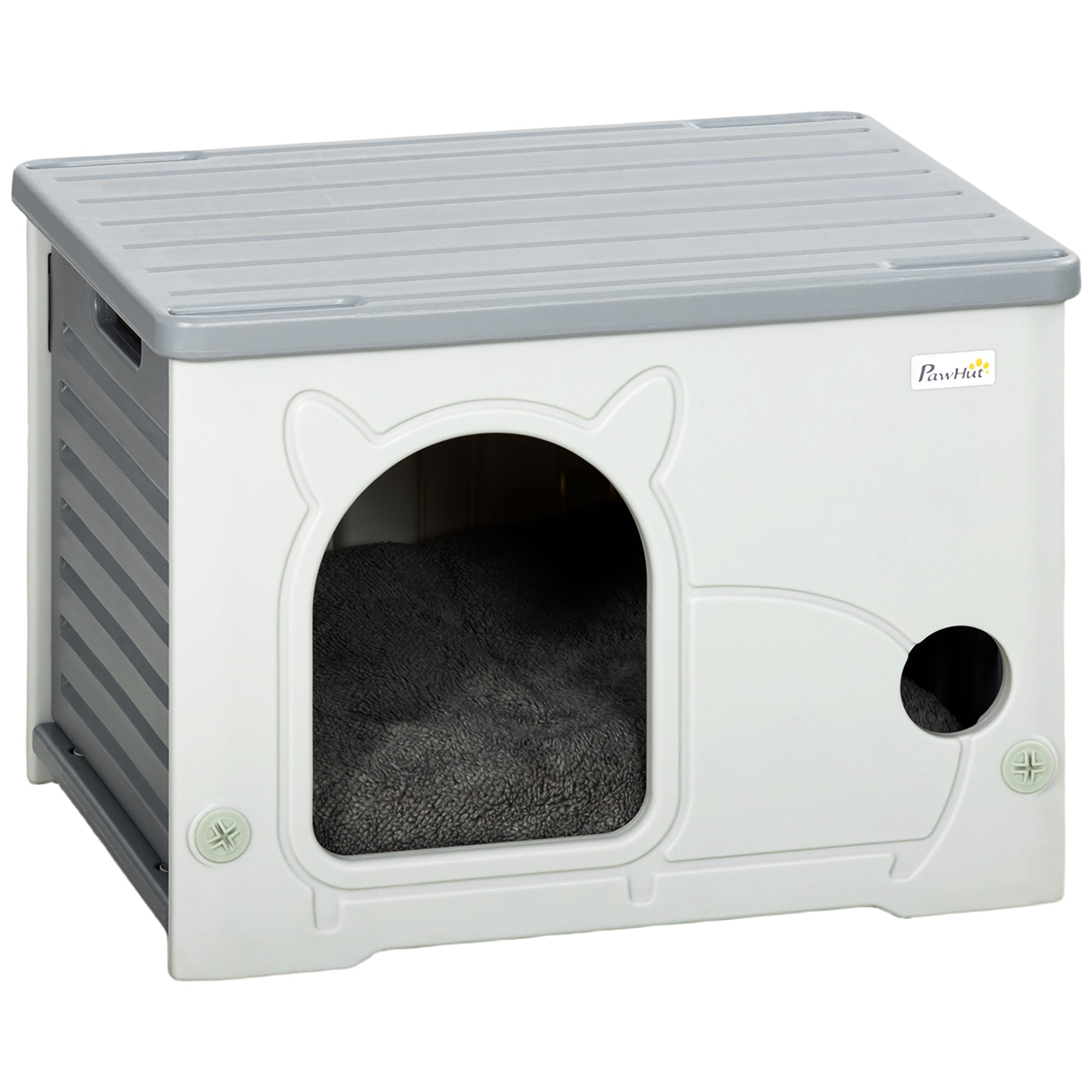 PawHut Cat House Stackable Pet Shelter with Removable Cushion for Indoor Outdoor Use Grey 