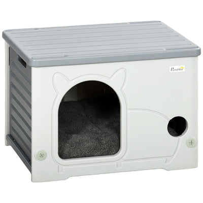 PawHut Cat House Stackable Pet Shelter with Removable Cushion for Indoor Outdoor Use Grey 