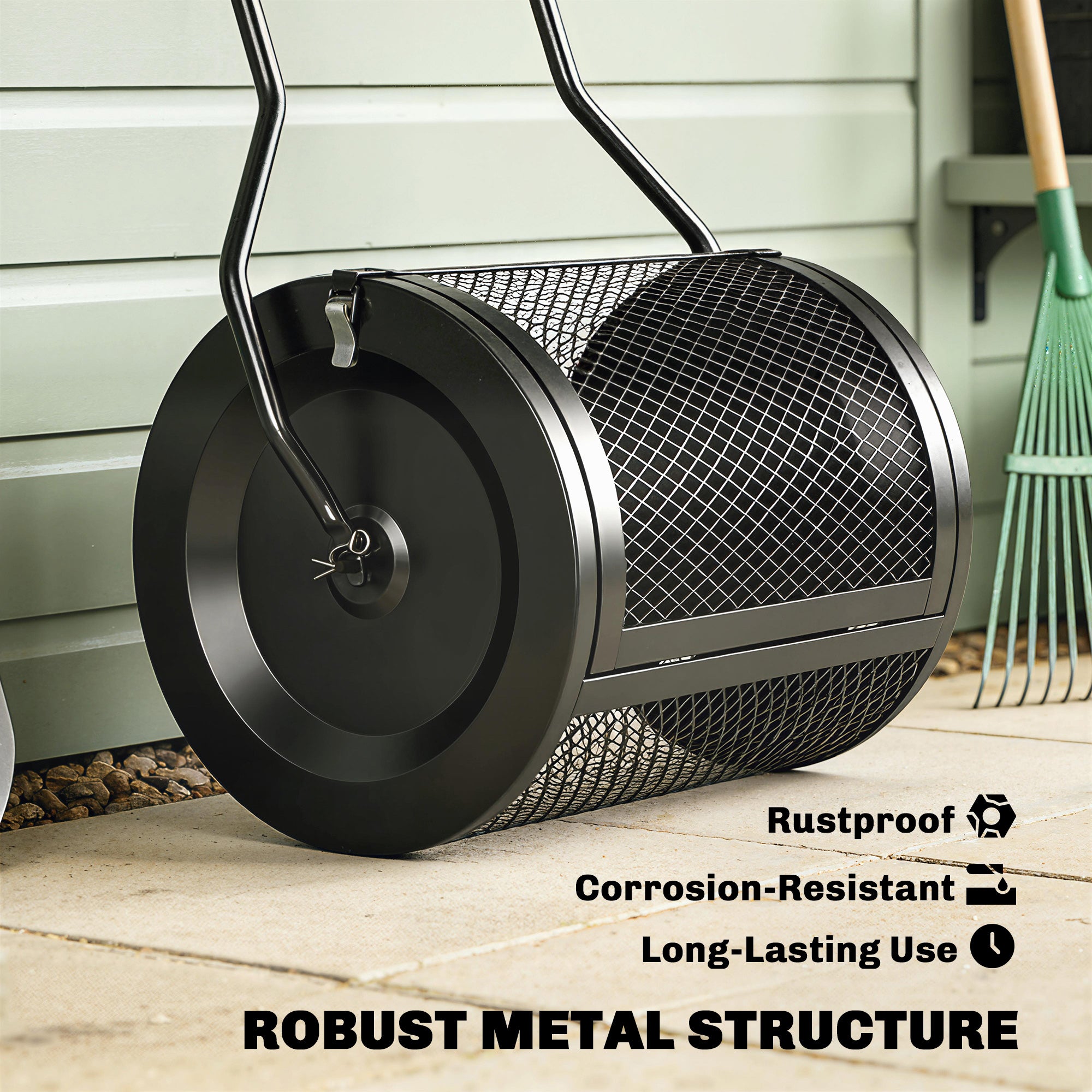 Outsunny Compost Spreader, 20" Peat Moss Spreader with Detachable U-Shaped Handle and Metal Mesh Basket 