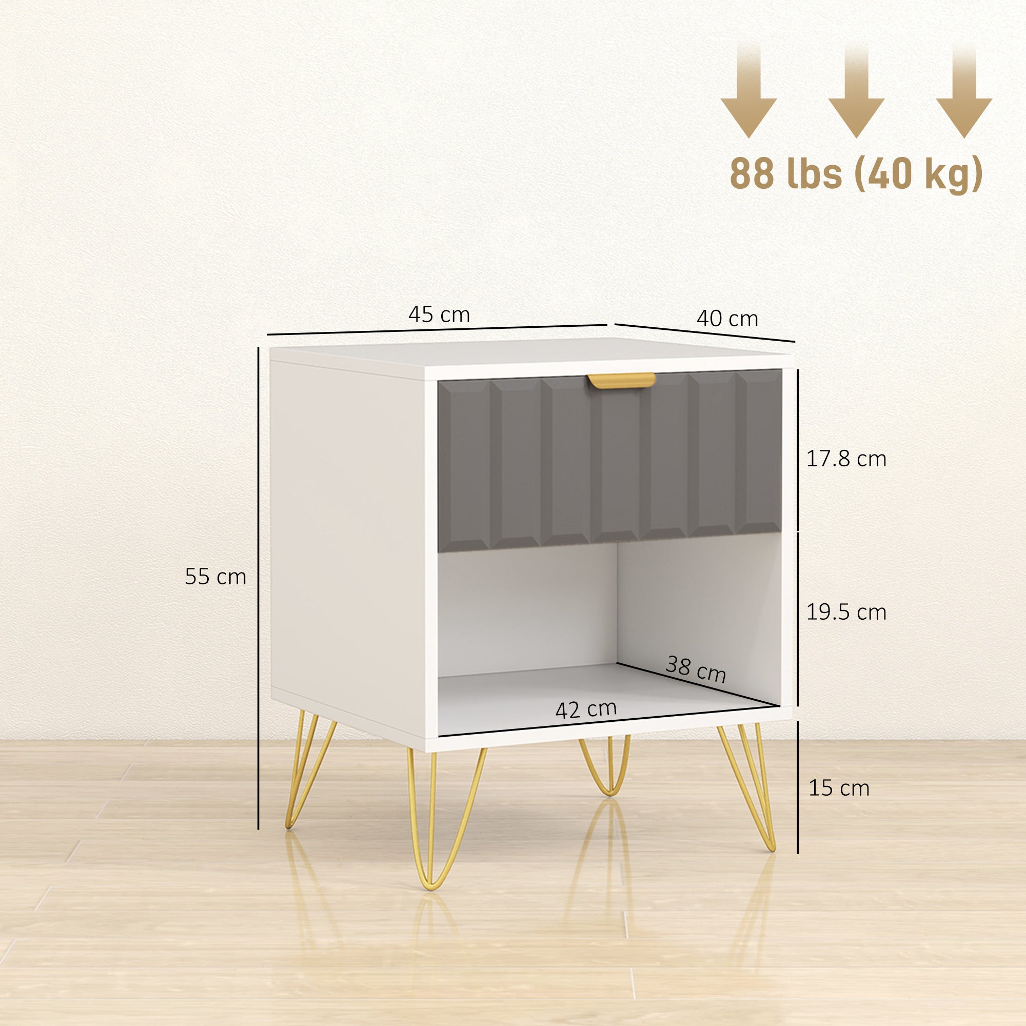 HOMCOM Bedside Table Modern Bedside Cabinet with Drawer and Open Compartment, 45 x 40 x 55, White 