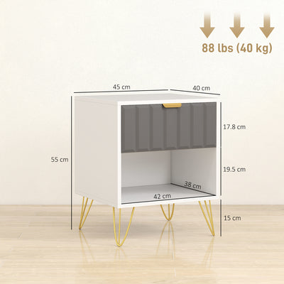 HOMCOM Bedside Table Modern Bedside Cabinet with Drawer and Open Compartment, 45 x 40 x 55, White 