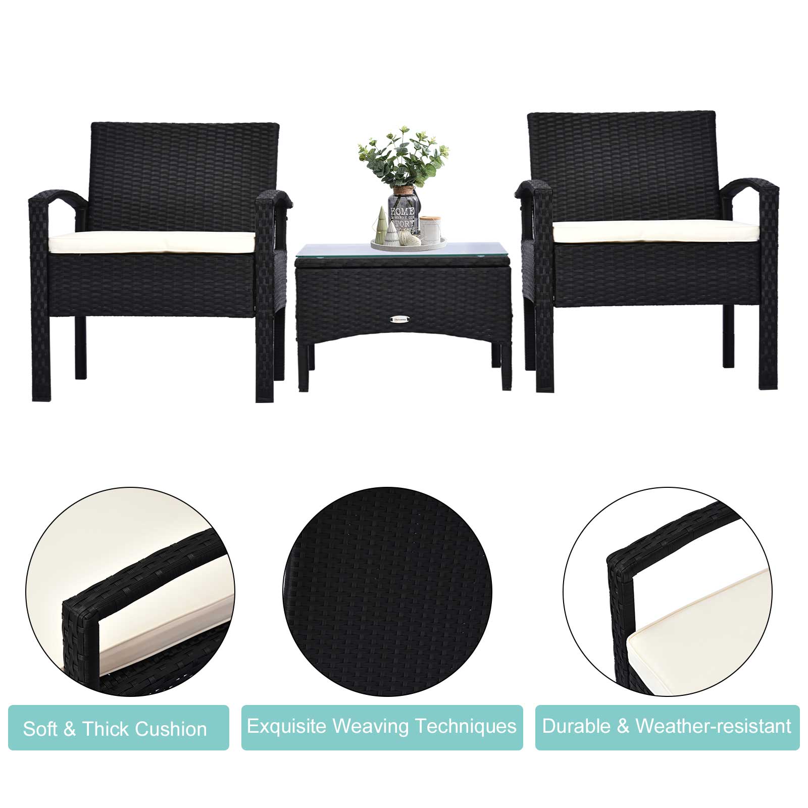 Outsunny 2 Seater Rattan Bistro Set, Steel-Black 