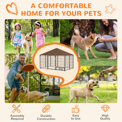 PawHut Outdoor Dog Kennel Puppy Play Pen with Canopy Garden Playpen Fence Crate Enclosure Cage Rotating Bowl 211 x 141 x 151 cm 