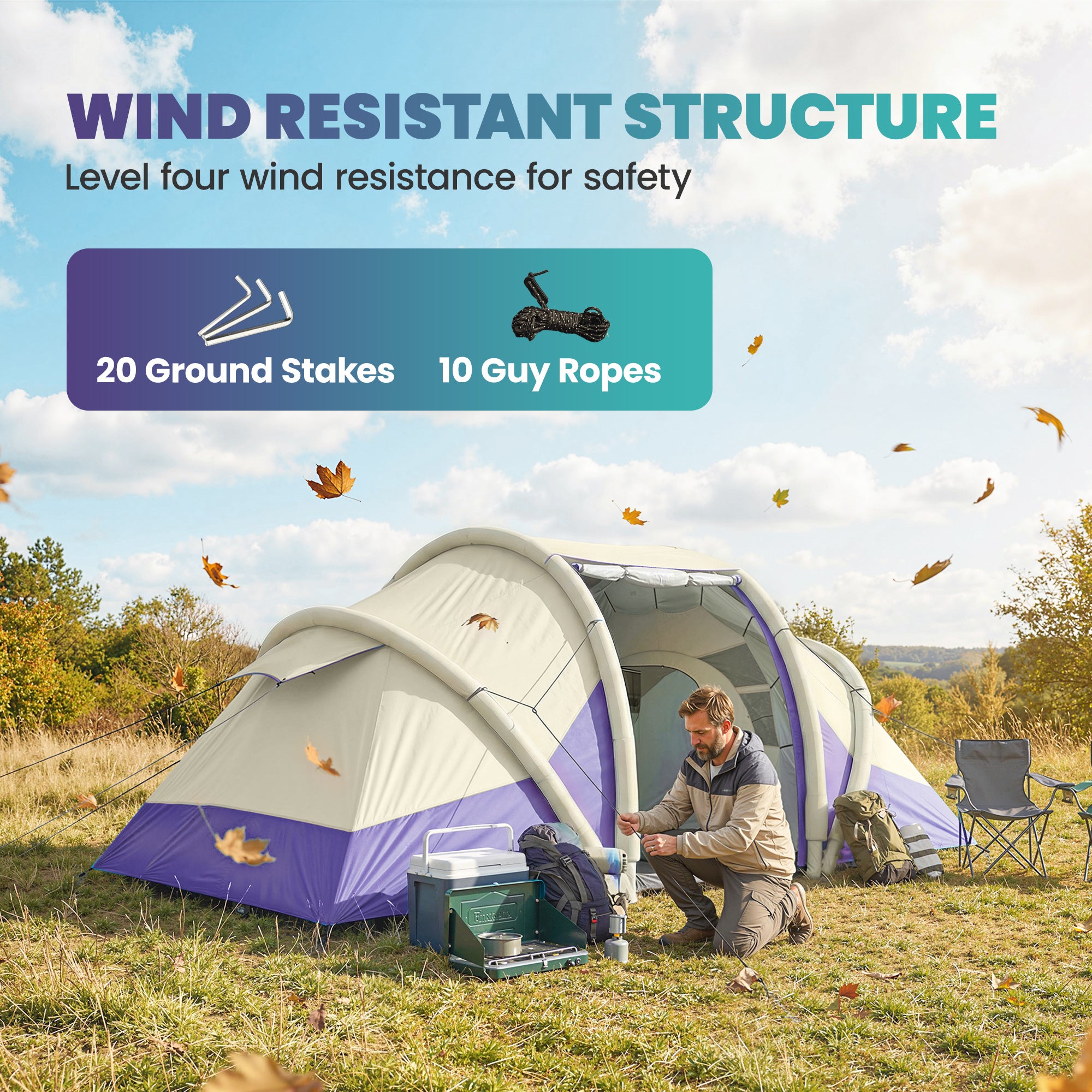 Outsunny Inflatable Tent 2 Bedroom 3000mm Waterproof Windproof Air Tent with Carry Bag for 4 Person 