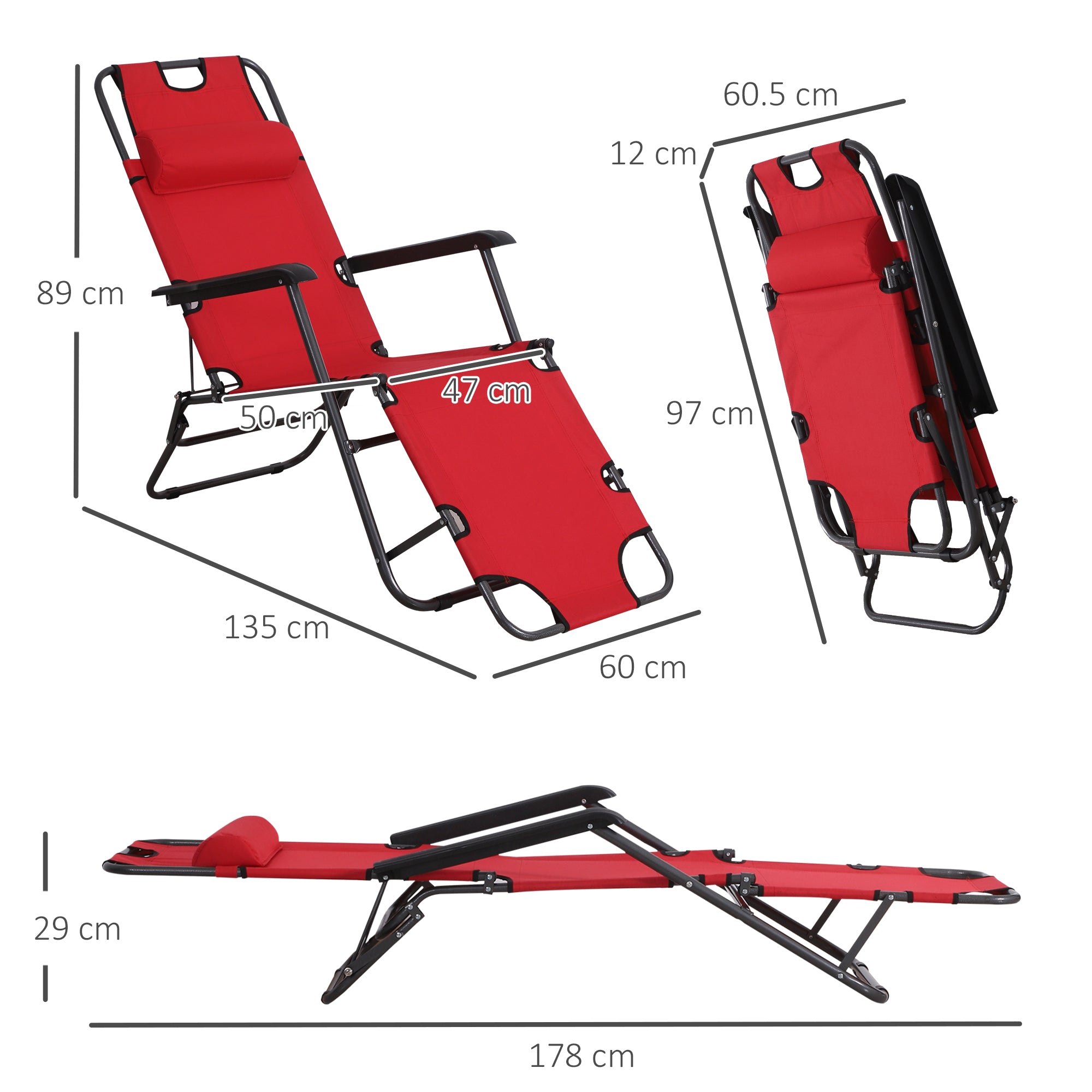 Outsunny 2 in 1 Sun Lounger Folding Reclining Chair Garden Outdoor Camping Adjustable Back with Pillow, Red 