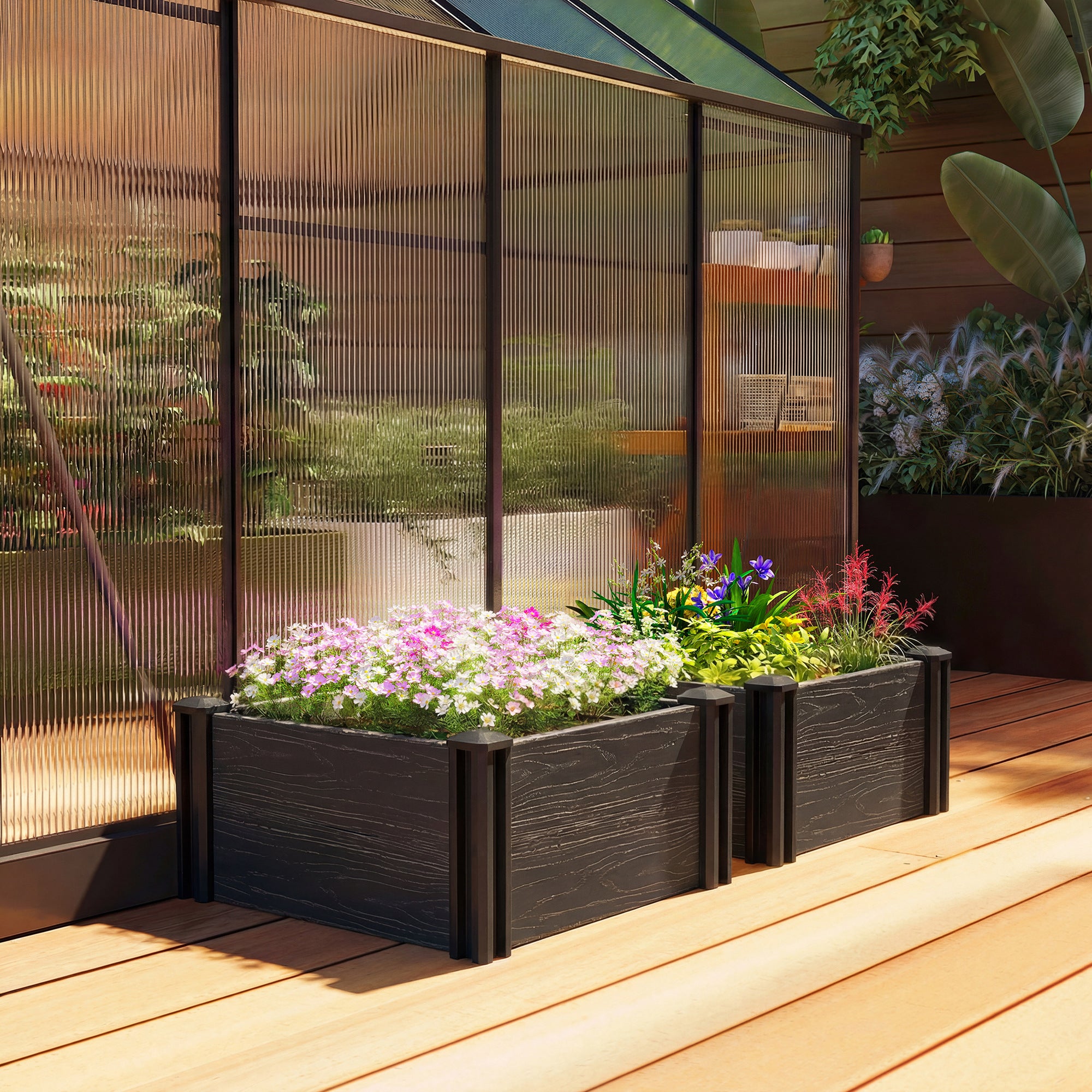 Outsunny Vinyl Raised Garden Bed Kit, 2 x 2 x 1ft Modular Elevated Garden Box with Slotting Legs and Open Bottom, Dark Grey 