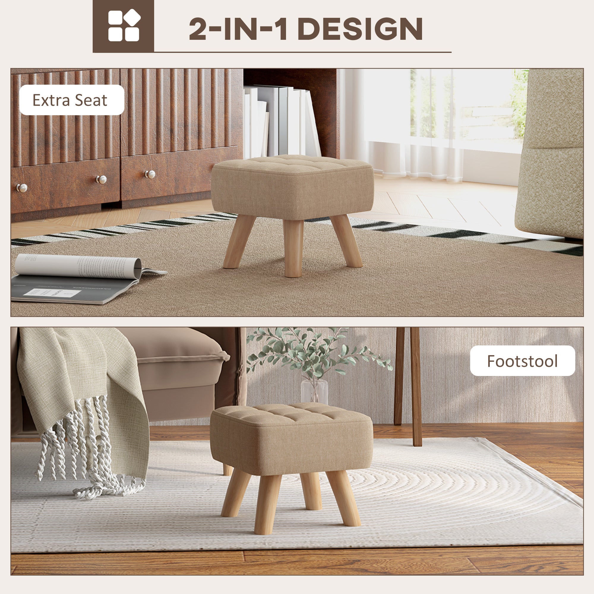 HOMCOM Linen-Look Square Padded Footstool - Brown 