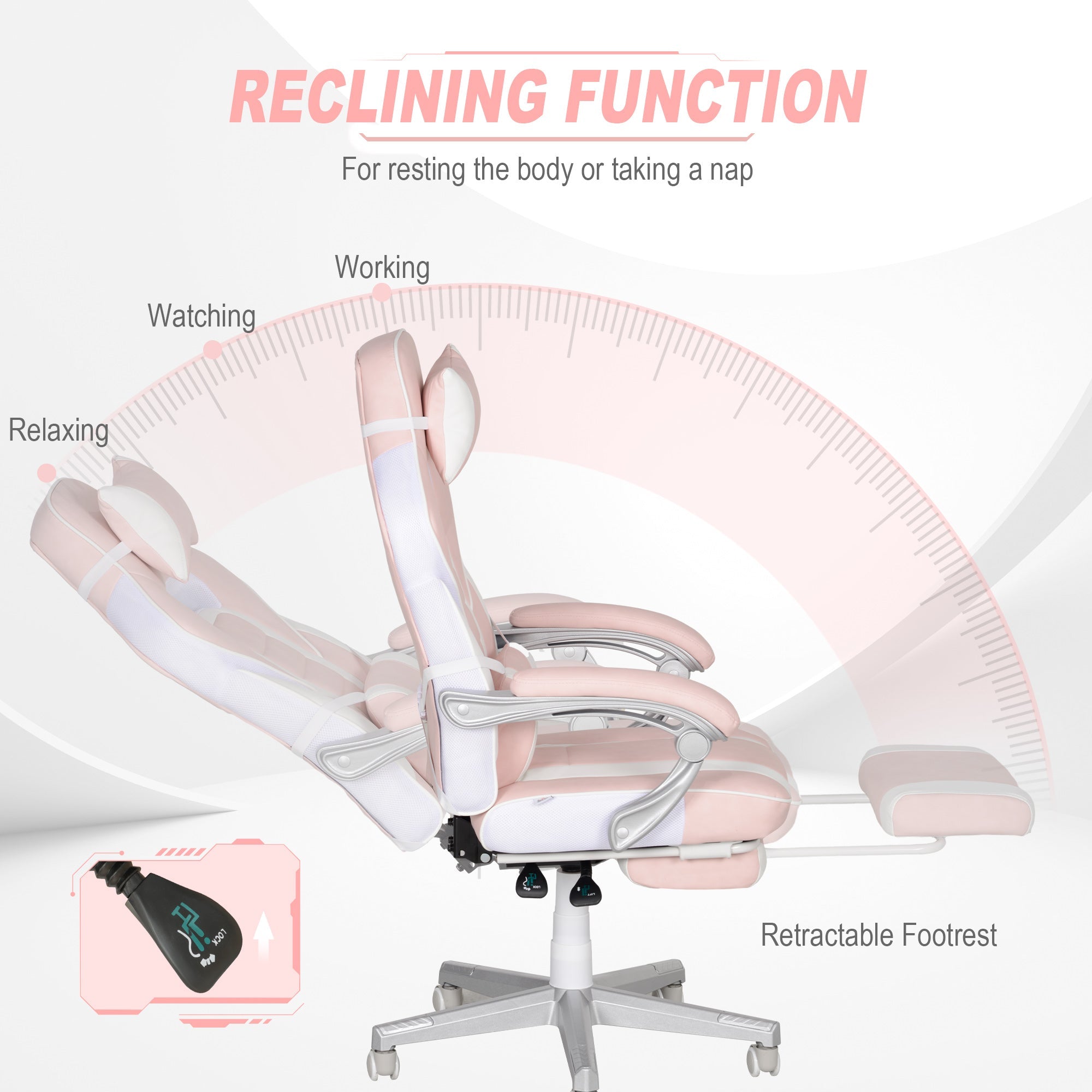 HOMCOM Faux Leather Reclining Gaming Chair, with Footrest - Pink/White 