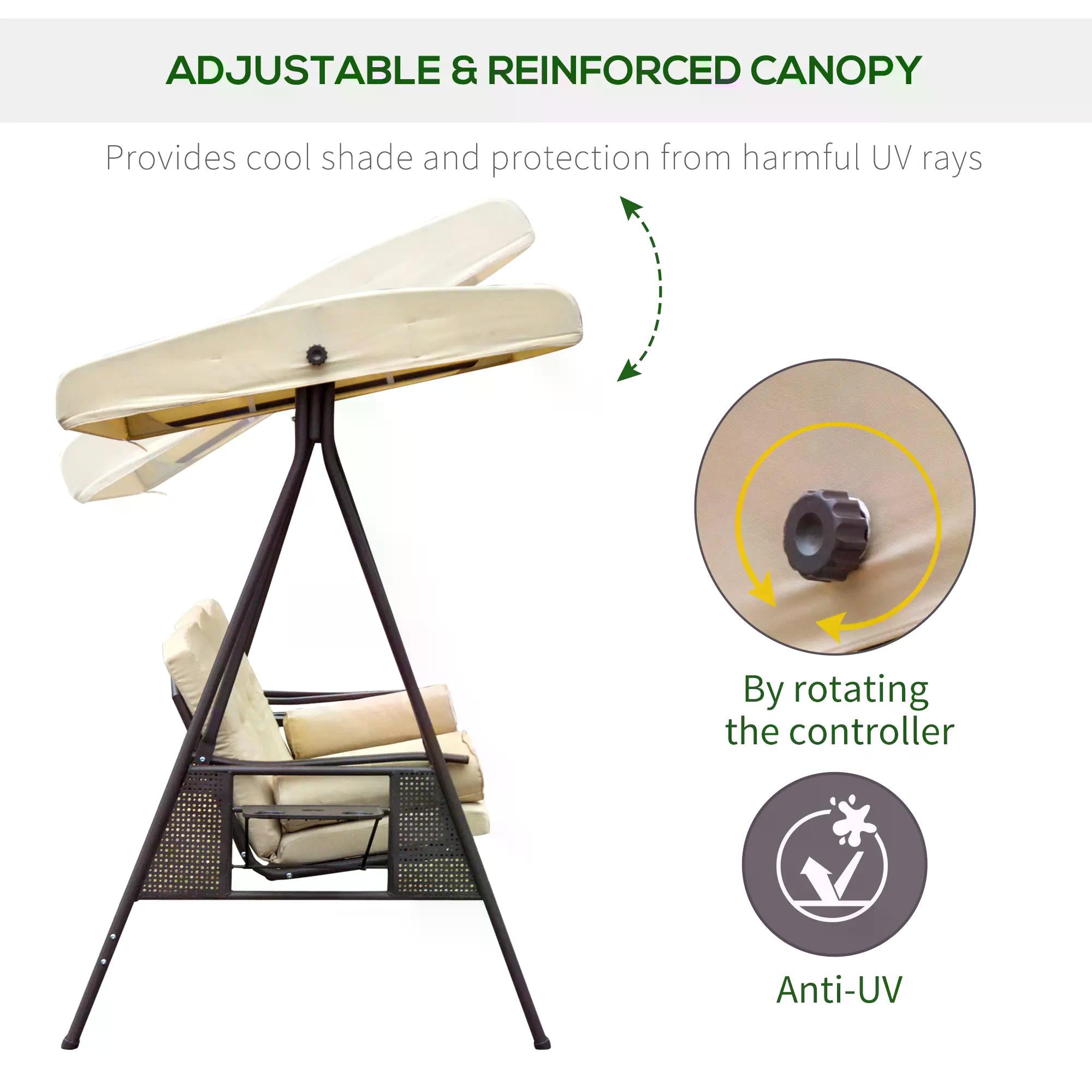 Outsunny Swing Chair Hammock Chair 3 Seater Canopy Cushion Shelter Outdoor Bench Steel Beige 