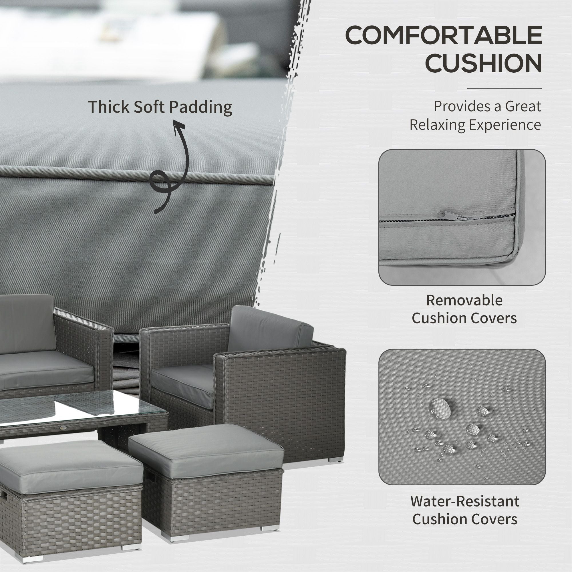 Outsunny 6PC Garden Rattan Sofa Set Bonzer Outdoor Furniture Patio Table Loveseat Stool Lounging Ottoman Aluminium Frame Wicker Weave Conservatory Grey 