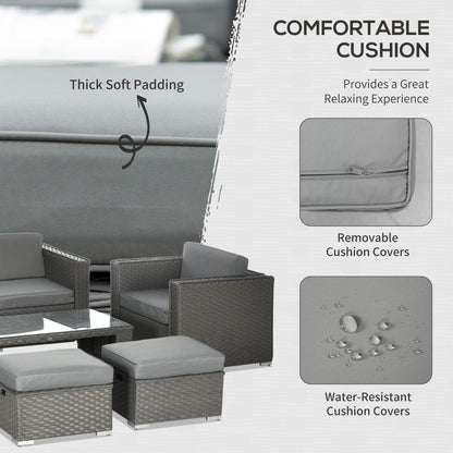 Outsunny 6PC Garden Rattan Sofa Set Bonzer Outdoor Furniture Patio Table Loveseat Stool Lounging Ottoman Aluminium Frame Wicker Weave Conservatory Grey 